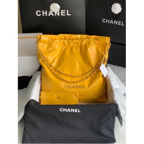 CHANEL 22 HANDTASCHE Glänzendes Kalbsleder goldfarbenes Metall AS3262 gelb