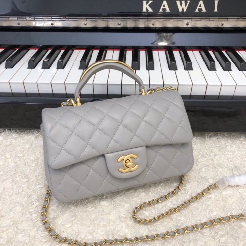 CHANEL 22B Mini-CF-Überschlagtasche mit goldfarbenem Metallgriff oben AS2431 Grau