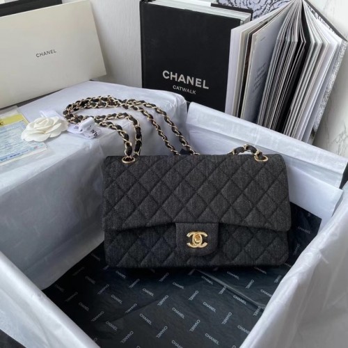 CHANEL CLASSIC HANDTASCHE Bedruckter Denim Goldfarbenes Metall 1112 SCHWARZ