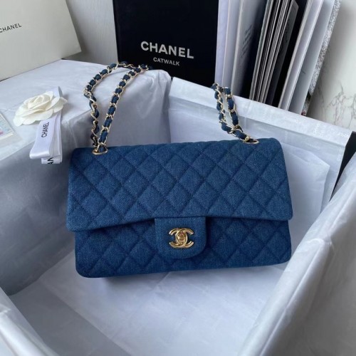 CHANEL CLASSIC HANDTASCHE Bedruckter Denim Goldfarbenes Metall 1112 BLAU