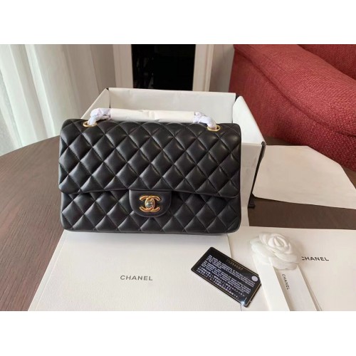 CHANEL Classic Handtasche Lammleder Schwarz 01112 goldfarbenes Metall