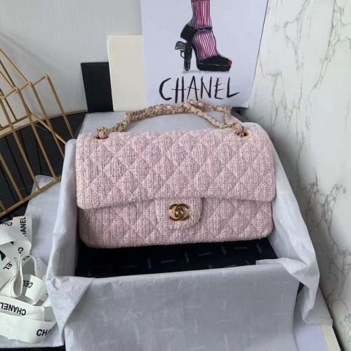 CHANEL MEDIUM Pattentasche Tweed Geflochtenes Kalbsleder Goldfarbenes Metall 1112 rosa