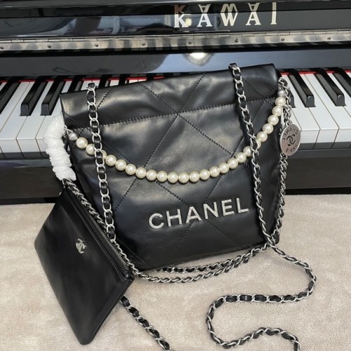 CHANEL MINI 22 HANDTASCHE Metallic Kalbsleder Silber Metall AS3989 schwarz