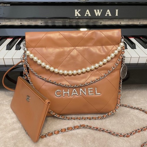 CHANEL MINI 22 HANDTASCHE Metallic Kalbsleder Silber Metall AS3989 braun