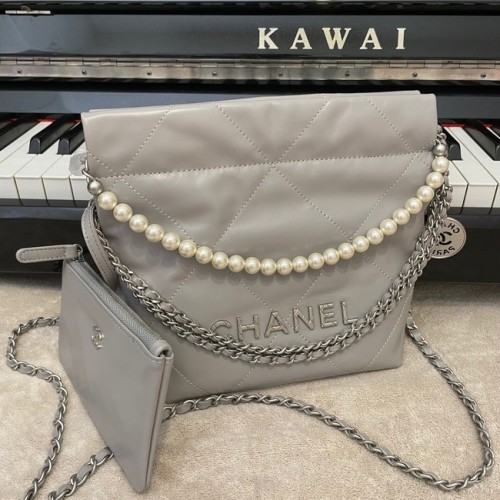 CHANEL MINI 22 HANDTASCHE Metallic Kalbsleder Silber Metall AS3989 grau