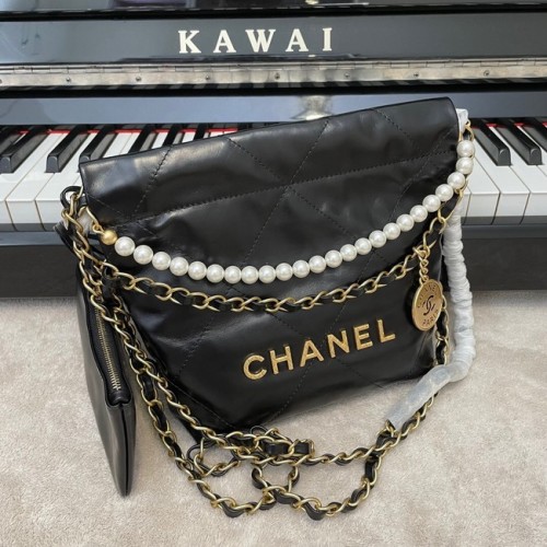 CHANEL MINI 22 HANDTASCHE Metallic Kalbsleder gold Metall AS3989 schwarz