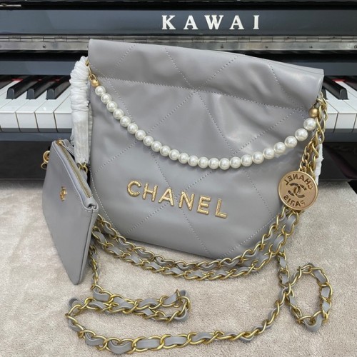 CHANEL MINI 22 HANDTASCHE Metallic Kalbsleder gold Metall AS3989 grau