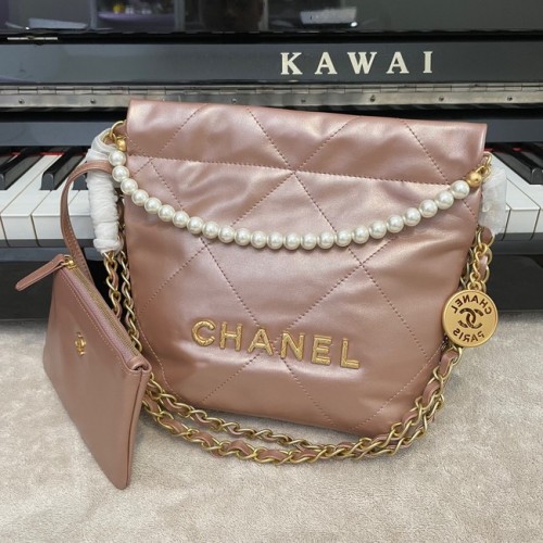 CHANEL MINI 22 HANDTASCHE Metallic Kalbsleder gold Metall AS3989 rosa