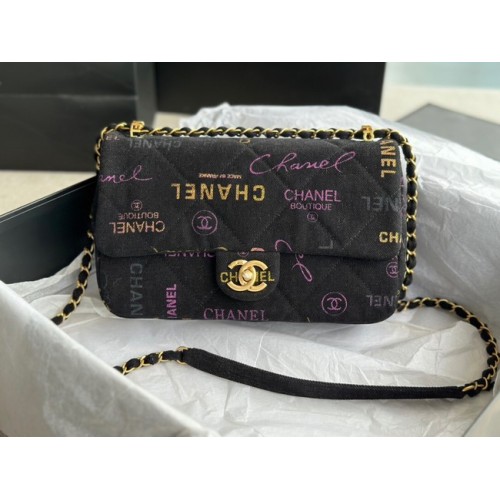 CHANEL Bedruckter Denim Goldfarbenes Metall AS3134 schwarz