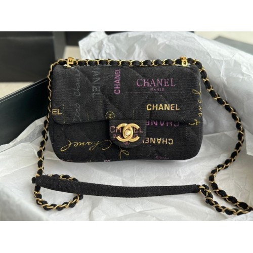 CHANEL Bedruckter Denim Goldfarbenes Metall AS3135 schwarz