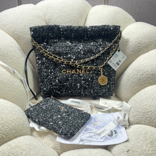 CHANEL SMALL 22 HANDTASCHE Tweed Goldfarbenes Metall AS3260 SCHWARZ