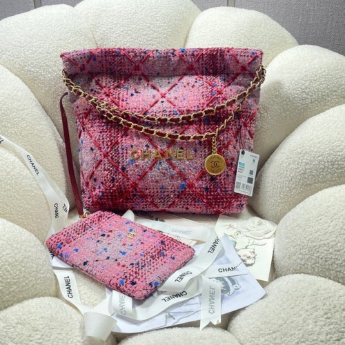CHANEL SMALL 22 HANDTASCHE Tweed Goldfarbenes Metall AS3260 ROSA