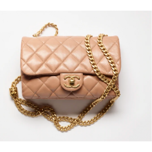 CHANEL KLEINE ÜBERSCHLAGTASCHE Lammleder Goldfarbenes Metall AS3393 rosa