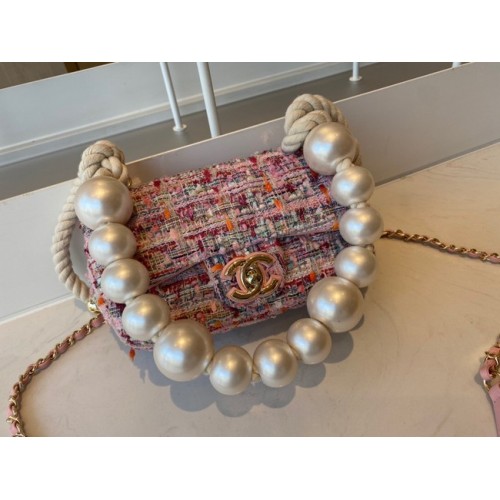 CHANEL Tweed Geflochtenes Schafsleder Goldfarbenes Metall AS0593 rosa