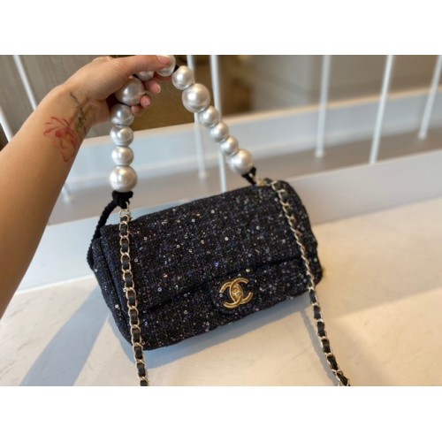 CHANEL Tweed Geflochtenes Schaffell Goldfarbenes Metall AS0594 schwarz