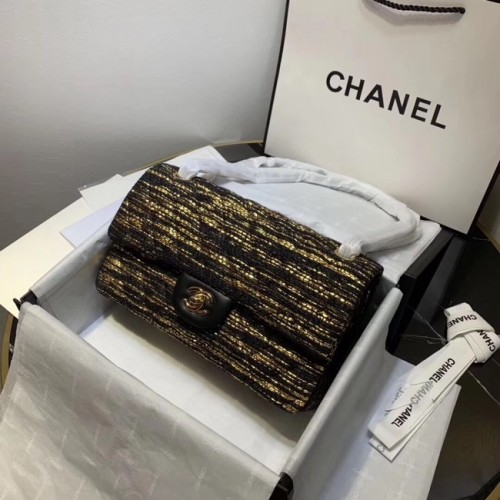 CHANEL Tweed Kalbsleder -Goldfarbenes Metall 1112 schwarz