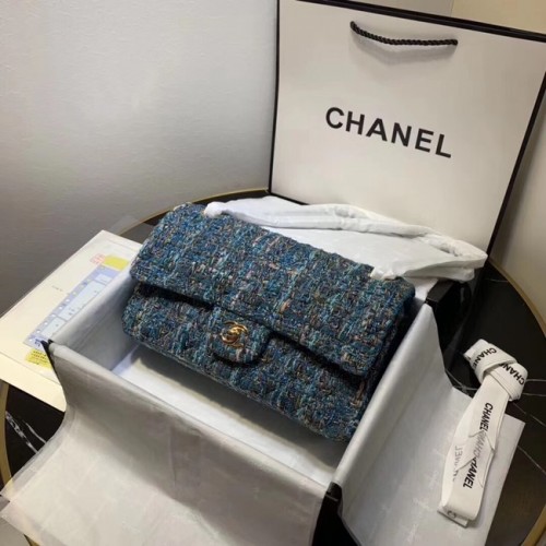 CHANEL Tweed Kalbsleder -Goldfarbenes Metall 1112 blau
