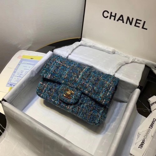 CHANEL Tweed Kalbsleder -Goldfarbenes Metall 1116 blau