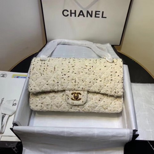 CHANEL Tweed Kalbsleder -Goldfarbenes Metall AS1112 weiß