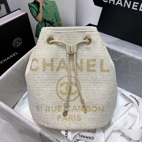 CHANEL Tasche aus Tweed-Kalbsleder mit Kordelzug Goldfarbenes Metall 60588 weiß