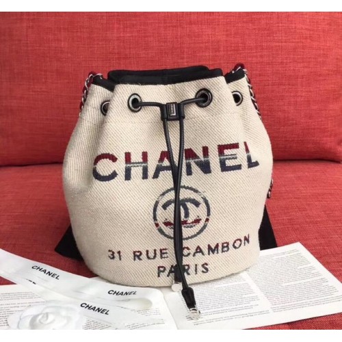 CHANEL Tasche aus Tweed-Kalbsleder mit Kordelzug Goldfarbenes Metall AS0455 Creme