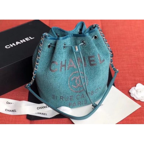 CHANEL Tasche aus Tweed-Kalbsleder mit Kordelzug Goldfarbenes Metall AS0455 blau