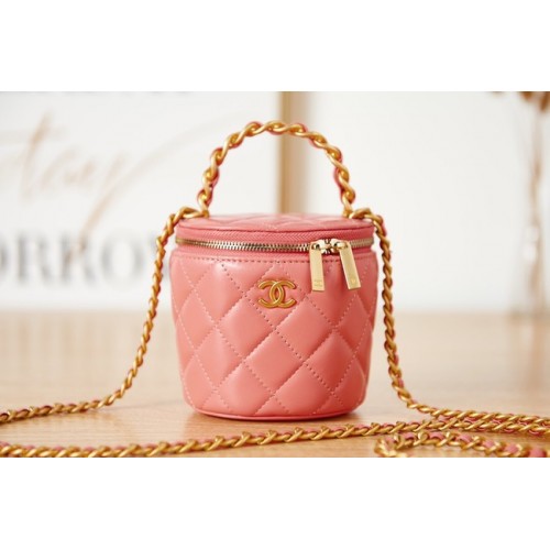 CHANEL WASCHTISCH MIT KETTE Lammleder Goldfarbenes Metall AS2873 Rosa