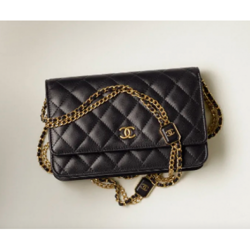 CHANEL WALLET ON CHAIN Lammleder Goldfarbenes Metall AP2923 schwarz