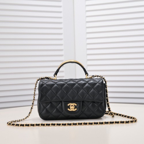 CHANEL 22B Mini-CF-Überschlagtasche mit goldfarbenem Metallgriff oben AS2431 Schwarz
