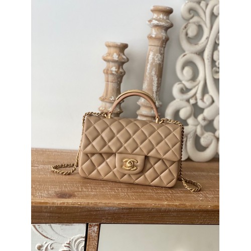 CHANEL 22B Mini-Überschlagtasche mit goldfarbenem Metallgriff AS2431 Khaki