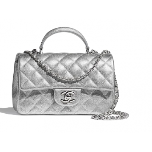 CHANEL Mini-Überschlagtasche mit Tragegriff oben AS2431 Silber