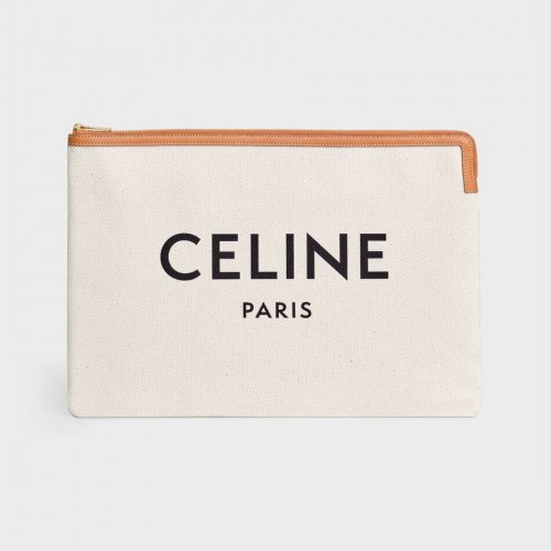 Celine CLUTCHES GROSSE TASCHE AUS BAUMWOLLE MIT CELINE-DRUCK UND KALBSLEDER 10B802B BRAUN