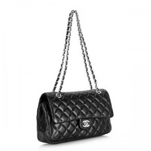Chanel 2.55 Classic Series Flap Bag 1112 Schwarzes Leder Silberne Hardware