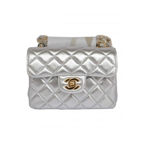 Günstige Chanel Classic Mini Flap Bag 1115 Light Silver Sheepskin Golden Hardware