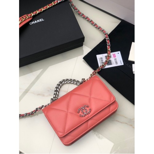 Chanel 19 Classic Sheepskin Leather Chain Wallet AP0957 pinksilberfarbenes Metall