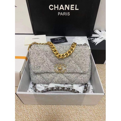 Chanel 19 Überschlagtasche Tweed AS1160 Grau