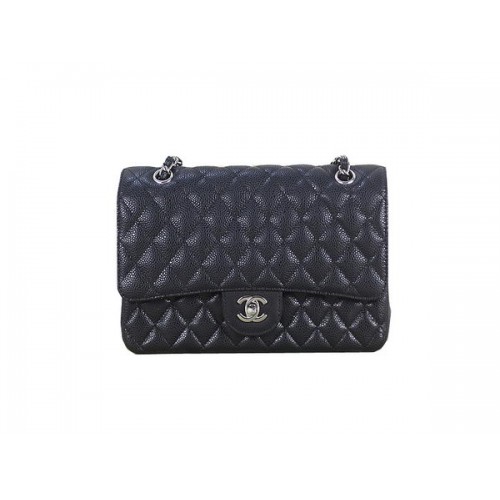 Chanel 2.55 Series Classic Flap Bag 1112 Schwarz Cannage Muster Original Leder Silber