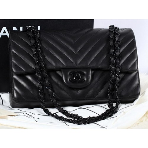 Chanel 2.55 Series Flap Bag Sheepskin Chevron Quilting A1112 Schwarz
