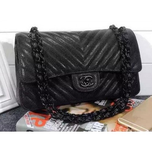 Chanel 2.55 Series Flap Bag Schwarz Cannage-Muster Chevron Leder A1112V Schwarz