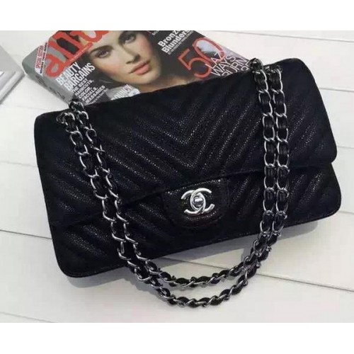 Chanel 2.55 Series Flap Bag Schwarz Cannage Muster Chevron Leder A1112V Silber