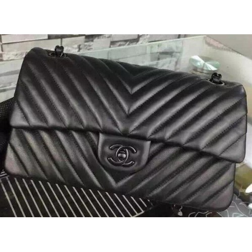 Chanel 2.55 Series Flap Bag Schwarz Lammleder Chevron Leder A5023 Schwarz