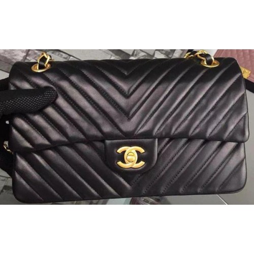Chanel 2.55 Series Flap Bag Schwarzes Lammleder Chevron Leder A5023 Gold