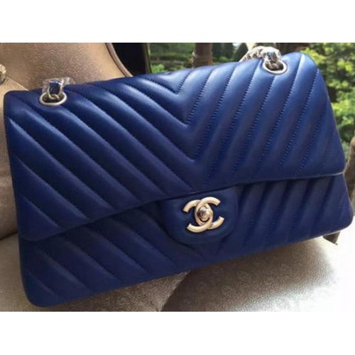Chanel 2.55 Series Flap Bag Blaues Lammleder Chevron Leder A01112 Silber
