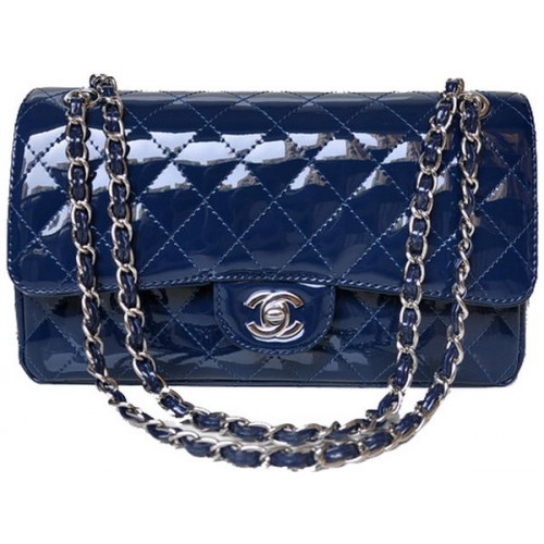 Chanel 2.55 Series Flap Bag Blaues Lackleder A1112 Silber