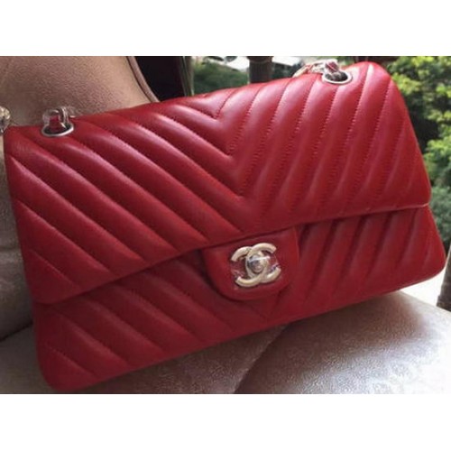 Chanel 2.55 Series Flap Bag Rotes Lammleder Chevron Leder A01112 Gold/Silber