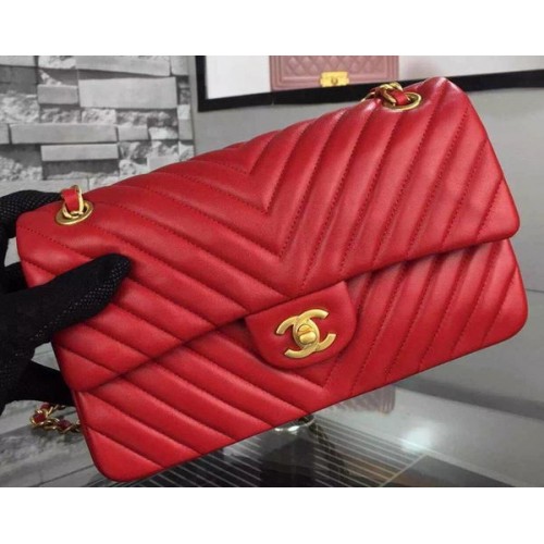 Chanel 2.55 Series Flap Bag Rotes Lammleder Chevron Leder A5023 Gold