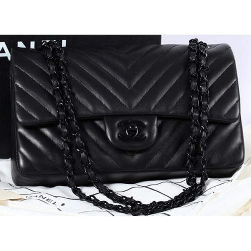 Chanel 2.55 Series Flap Bag Schaffell Chevron Leder A1112 Schwarz