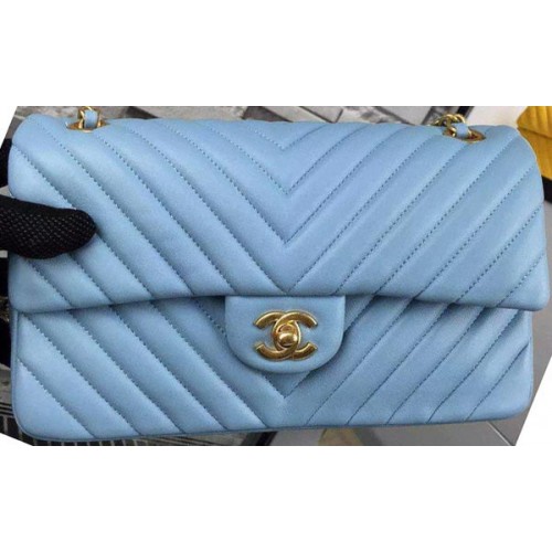 Chanel 2.55 Series Flap Bag SkyBlue Lammleder Chevron Leder A5023 Gold