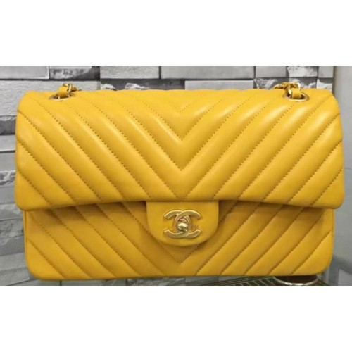 Chanel 2.55 Series Flap Bag Gelbes Lammleder Chevron Leder A5023 Gold