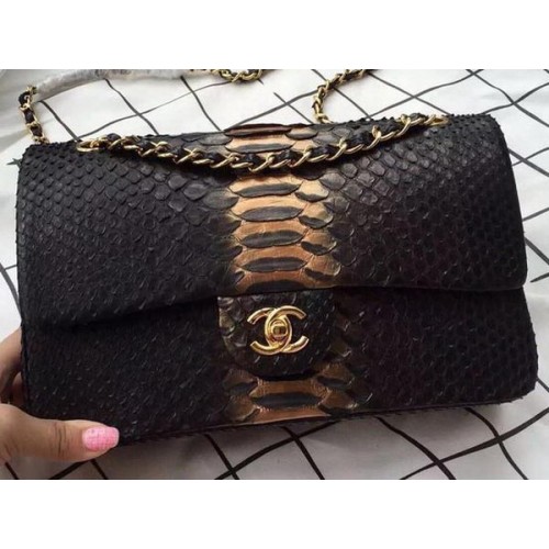 Chanel 2.55 Series Flap Bags Bronze&Schwarz Original Python Leder A1112SA Gold
